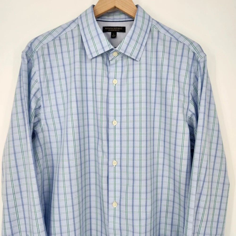 Banana Republic Mens Non Iron Slim Fit Dress Shirt Large Light‎ Blue Green Plaid